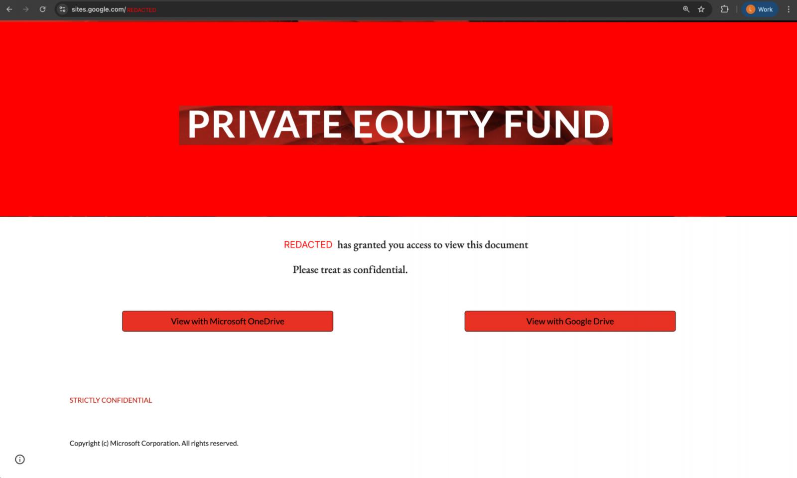 Fake private equity fund page hosted on Google Sites.&nbsp;