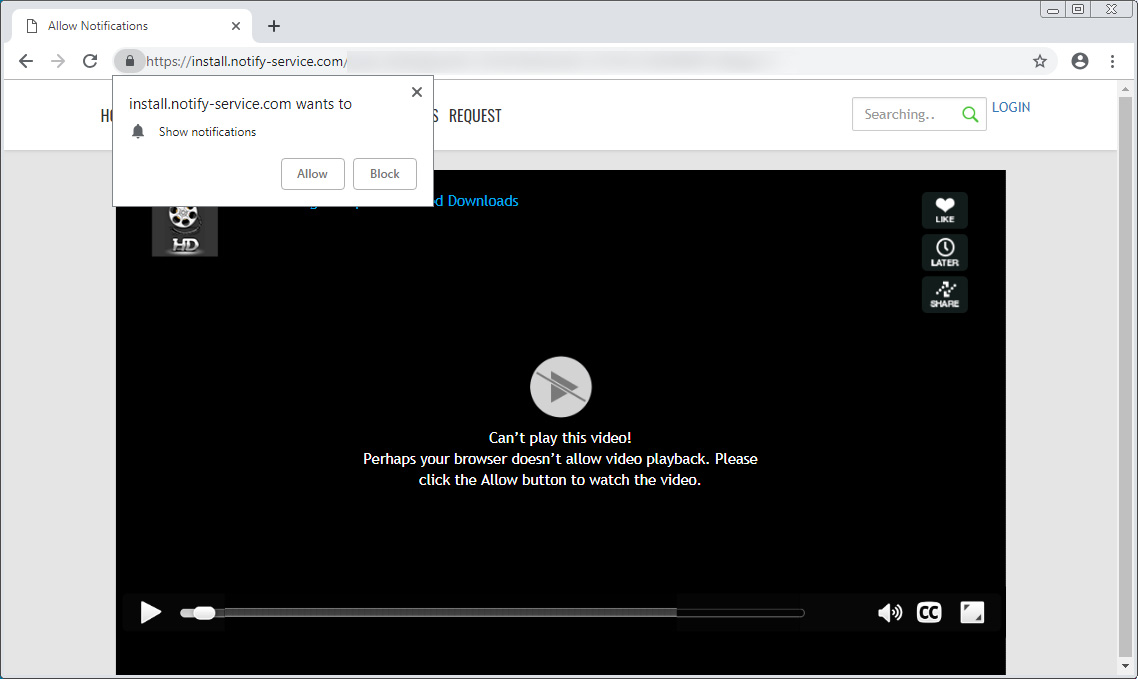 Can't play this video! Browser Notification Page