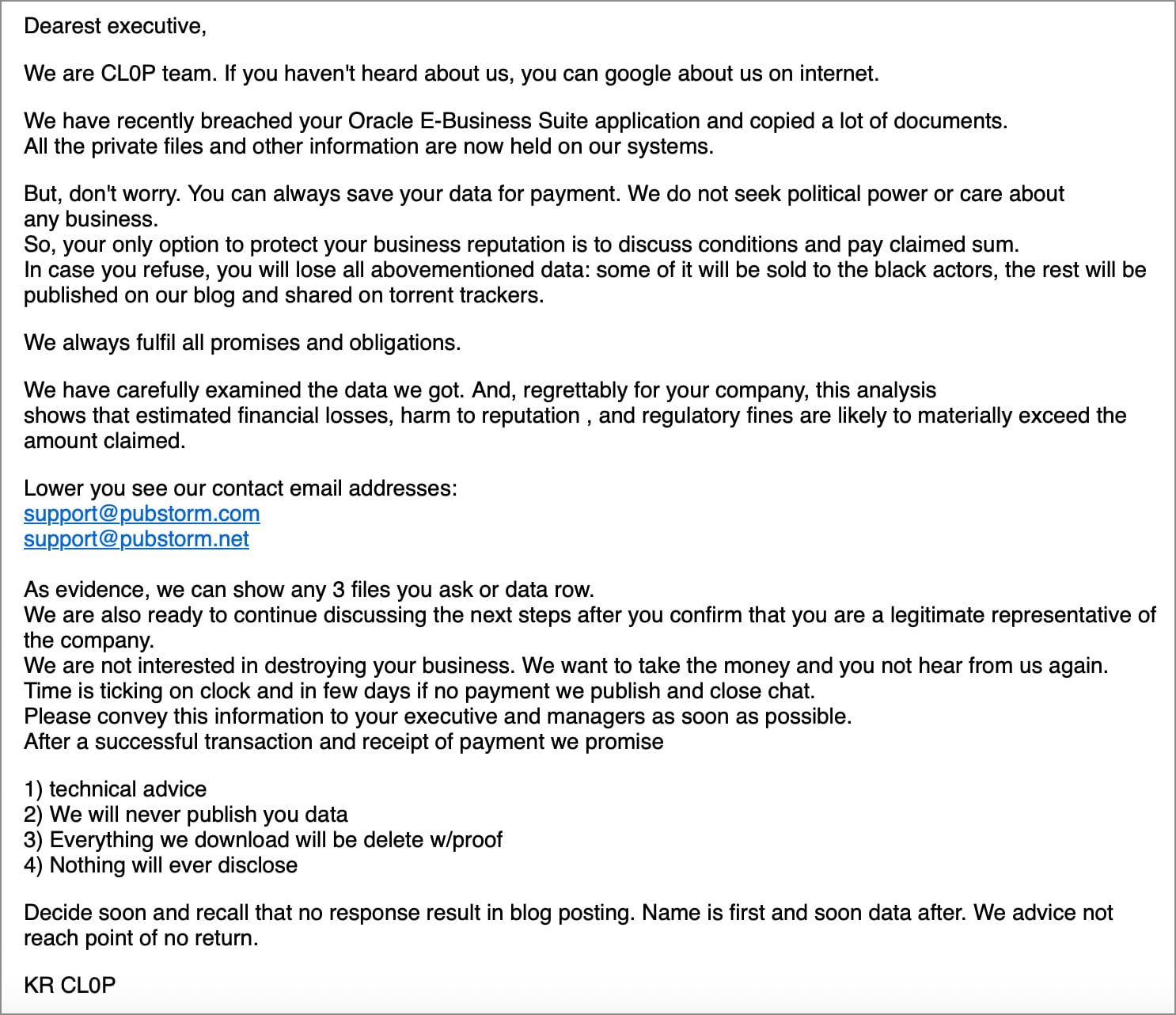 Clop extortion email