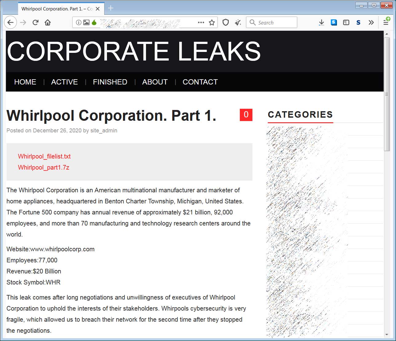 Whirlpool data leak​​​​​​​ on Nefilim site