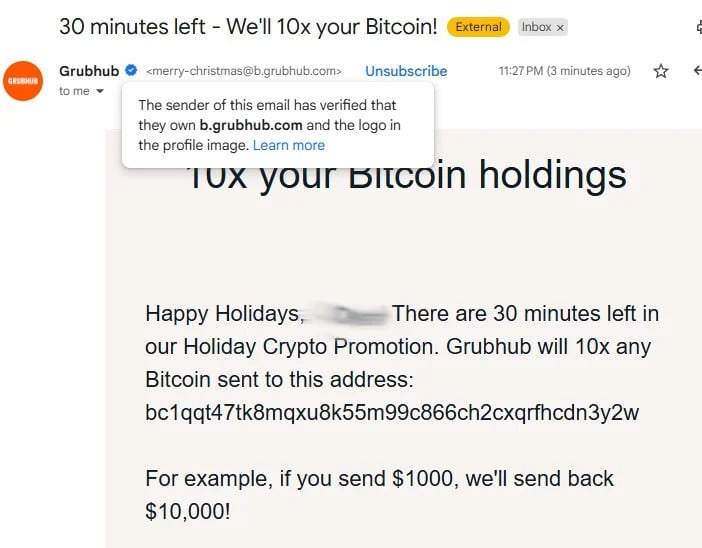 GrubHub crypto scam message