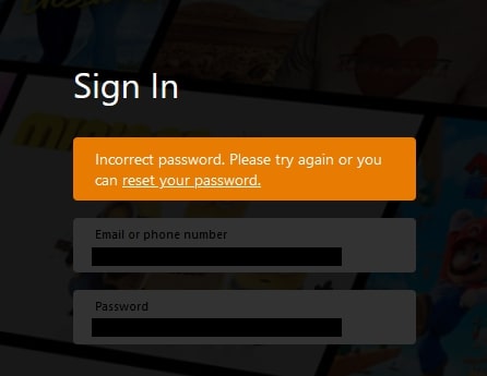 incorrect password