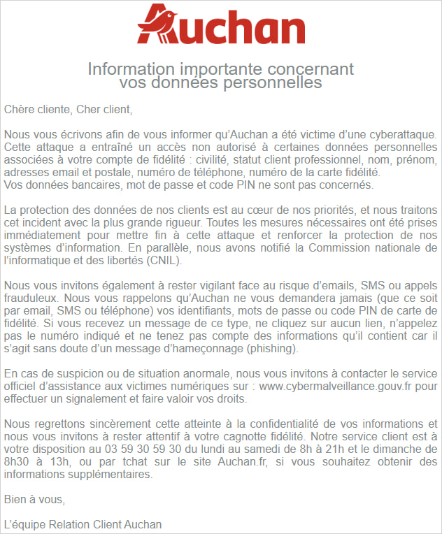Notice Auchan sent to customers