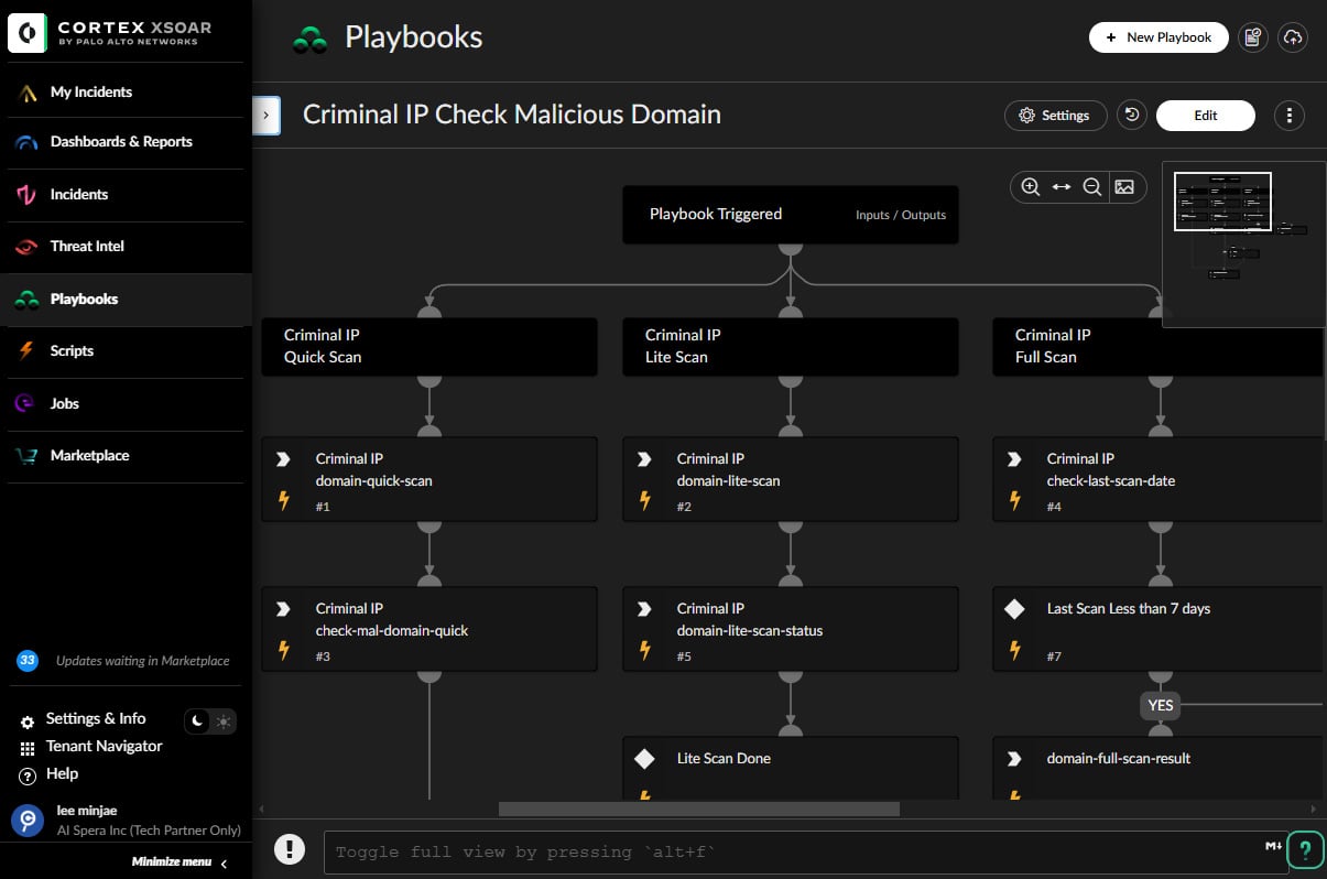 Automated playbook example &mdash; detecting malicious domains using the three-step scan in the integrated API of Criminal IP and Palo Alto Networks Cortex XSOAR