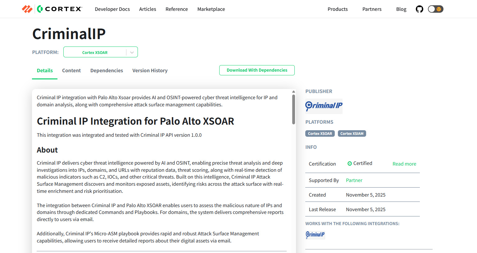 Screenshot of the Criminal IP pack on the Cortex Marketplace