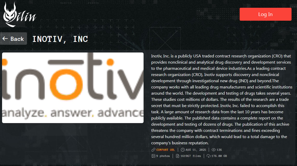 Inotive entry on Qilin's leak site