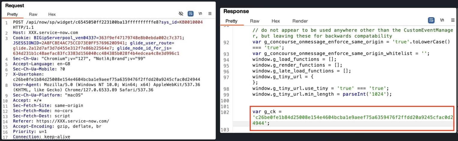 Sample request (left) and token interception (right)