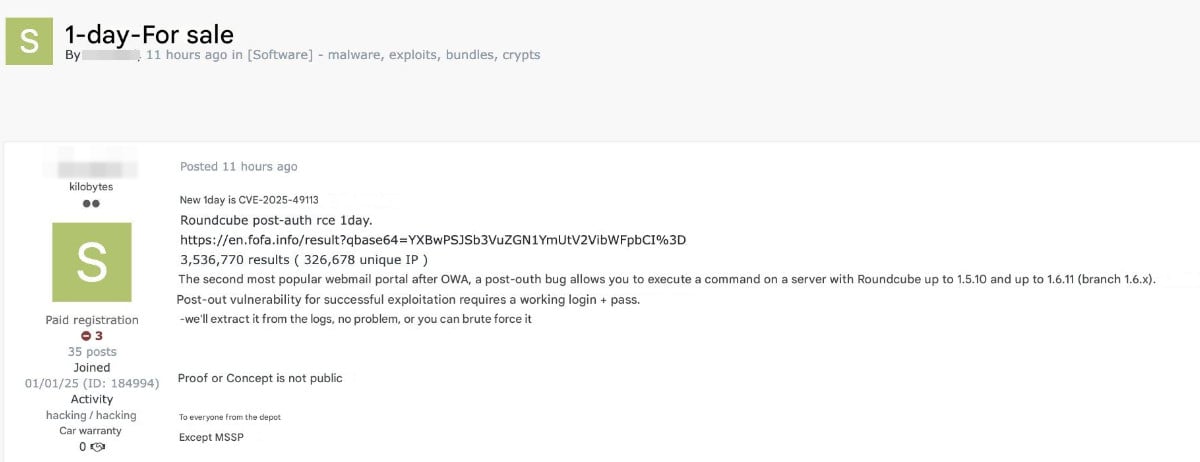 Roundcube exploit for CVE-2025-49113 available on hacker forum