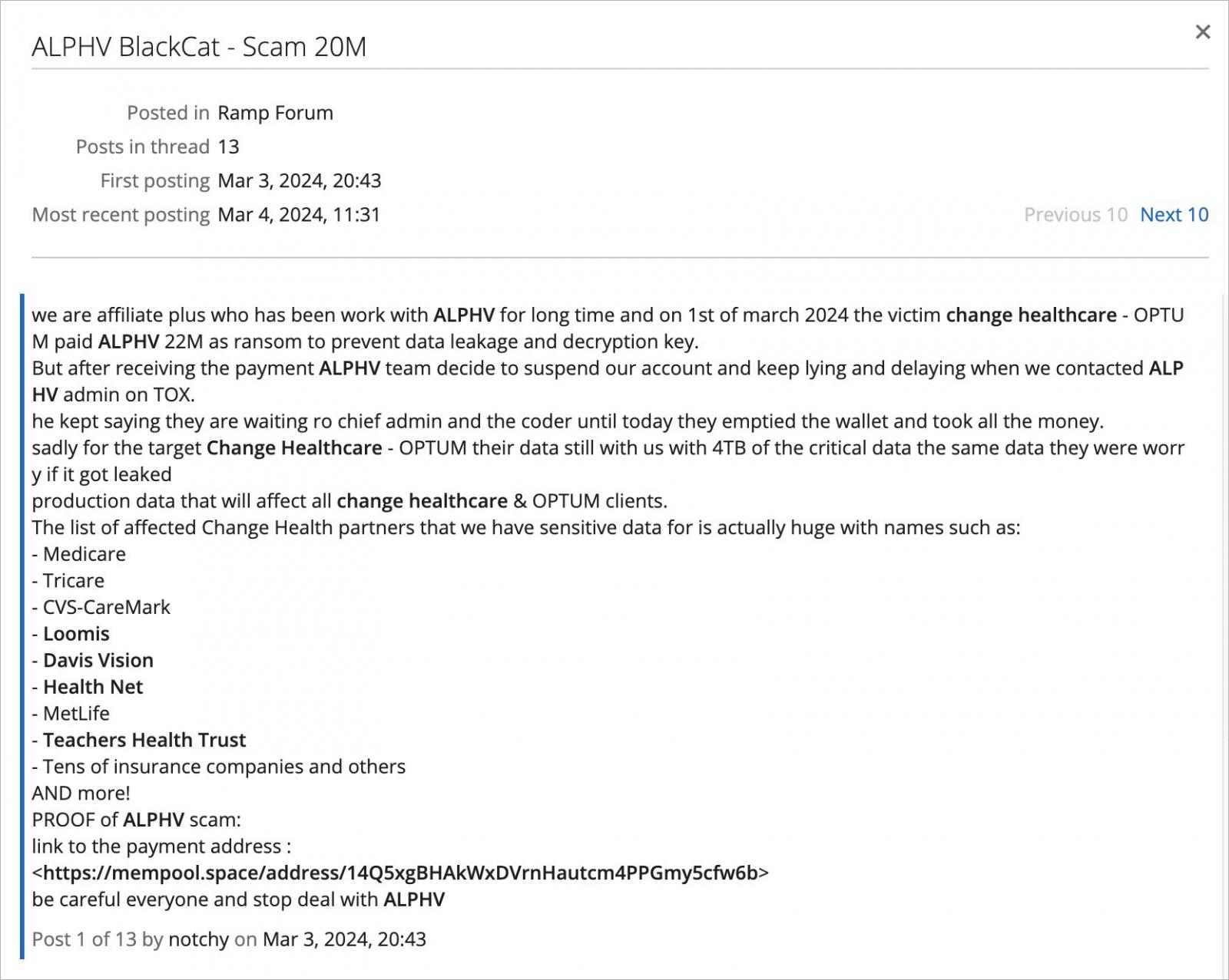 Alleged ALPHV affiliate claiming they were scammed by BlackCat