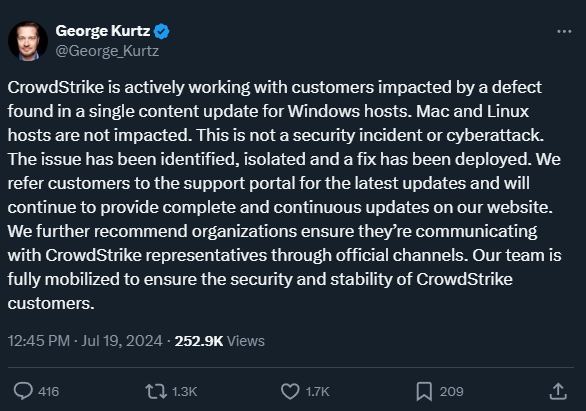 CrowdStrike CEO on the glitched update crashing Windows hosts