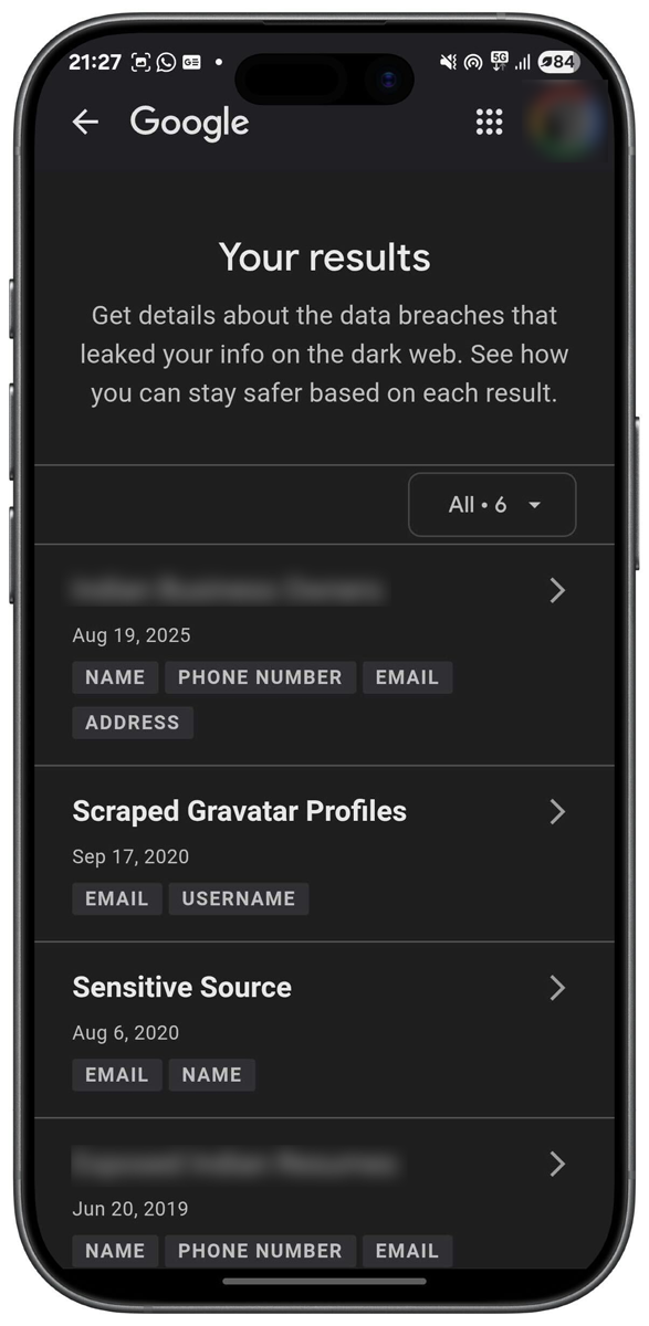 Example of Google Dark Web Report tool