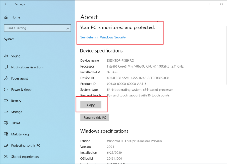 Windows 10 About settings screen