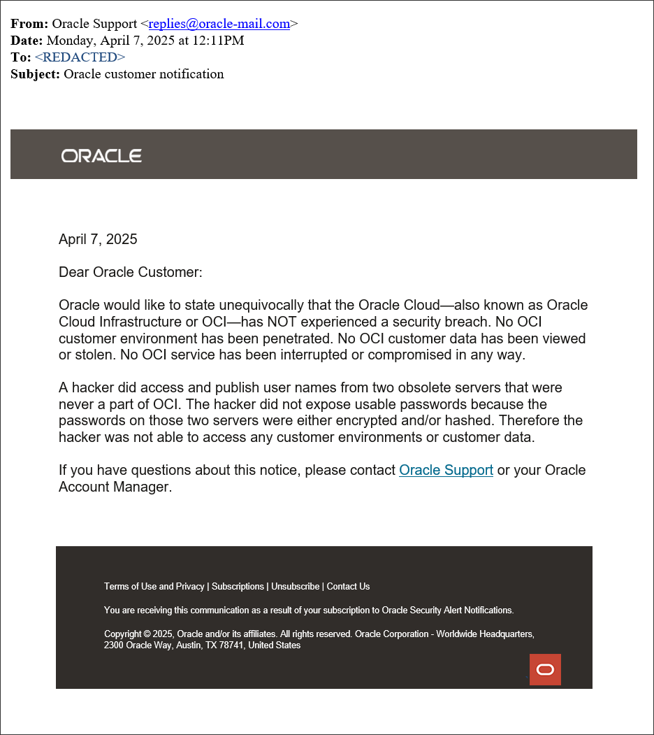 Oracle email statement (BleepingComputer)
